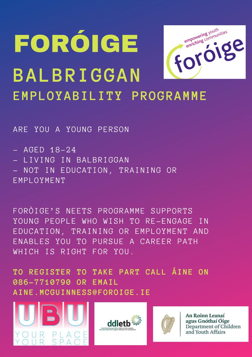 Great opportunity from <a href="/ForoigeB/">Foroige Balbriggan</a>  for young people aged 18-24 who are currently not enrolled in education or training 👇