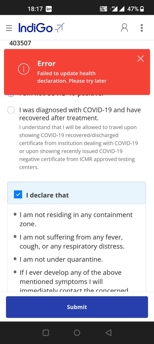adityapatu's tweet photo. @IndiGo6E -- have been trying to update the Health Declaration online. But has been giving me an error on the website and app... What do I do? PDF I can print and sign? https://t.co/LvoFyWRsdn