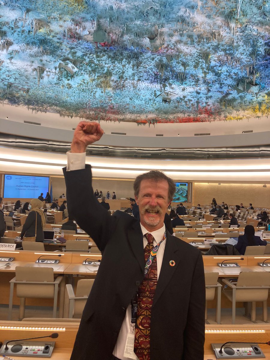 A little bit of joyful emotion at the very staid Human Rights Council, as the UN for the first time recognizes the right to a clean, healthy and sustainable environment! (Mask was only off for a moment!)