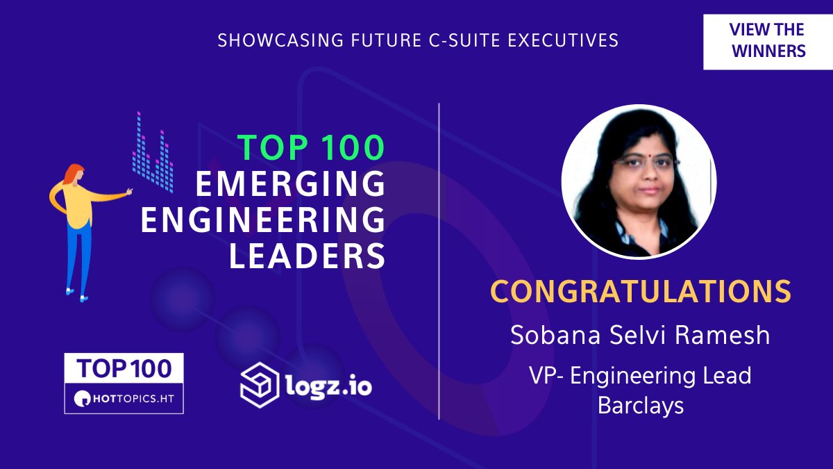 HotTopicsHT's tweet photo. Sobana Selvi Ramesh is the VP Engineering Lead at @Barclays.
View the #EE100 here: https://t.co/BmCfZGz5pa
Partnered with @logzio. https://t.co/2fvs1l7lPx