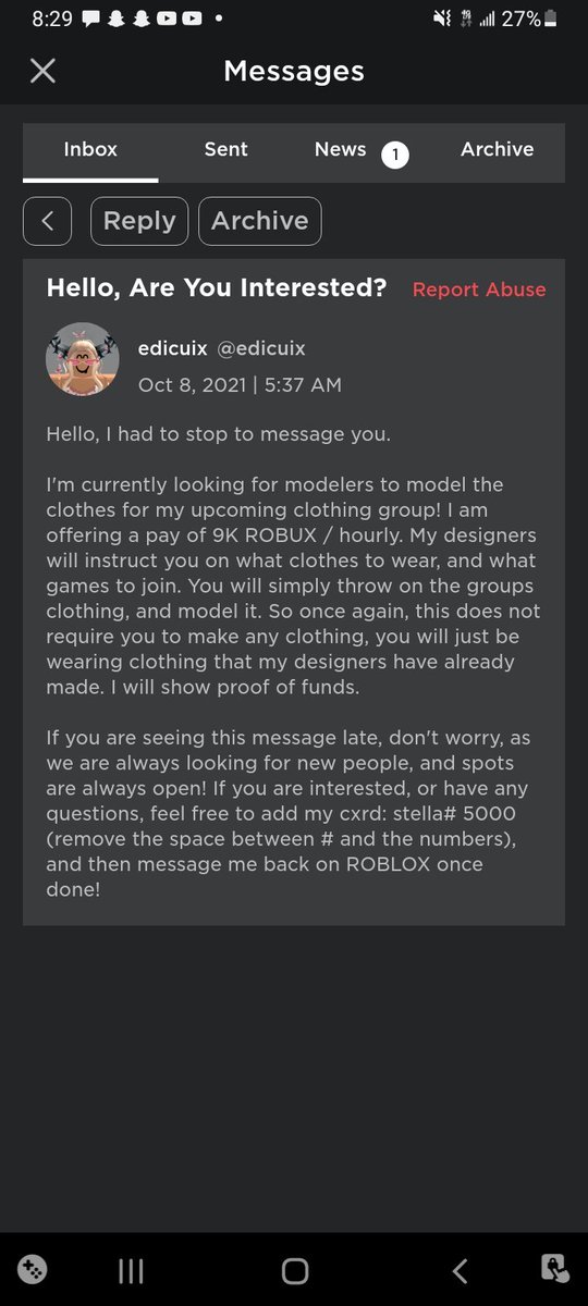 THEEPRINCESA1's tweet image. Exposing another beamer! If someone sends you the &quot;hi ik looking for modelers and I&apos;ll pay u 9k&quot; blah blah type junk just report them because it&apos;s a scam. I might just make a series off of this 
#beamer #roblox #robloxTOS #RobloxGFX #RobloxDev