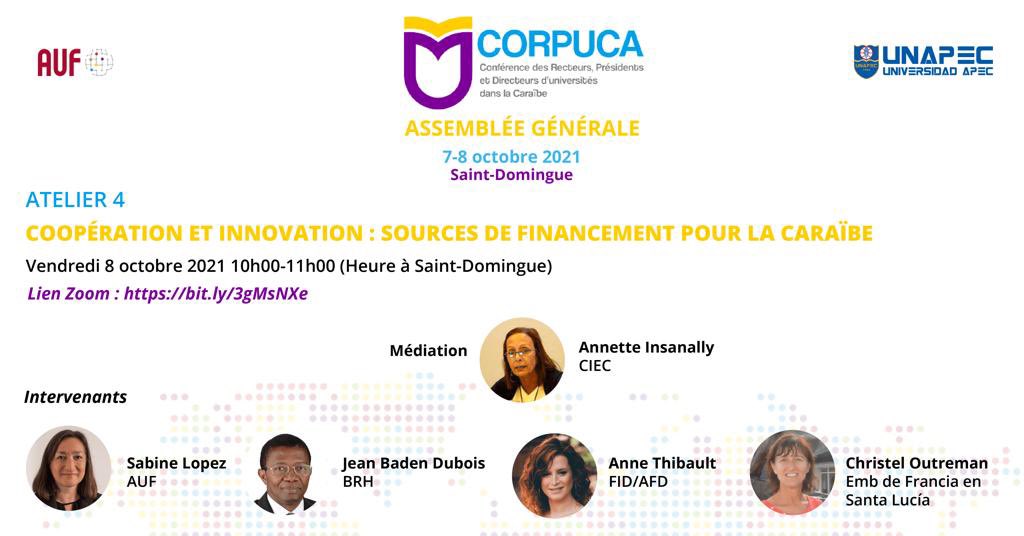 BRHHaiti's tweet photo. Ce vendredi 8 octobre 2021, à 10ham, ne manquez pas l’atelier des experts français et caribéens sur le thème: “Coopération et innovation: sources de financement pour la Caraïbe" dans le cadre de l’Assemblée Générale de la #CORPUCA.
Inscrivez-vous 👉🏾: https://t.co/gx7CWBKv6a https://t.co/ryH5RyoPaQ