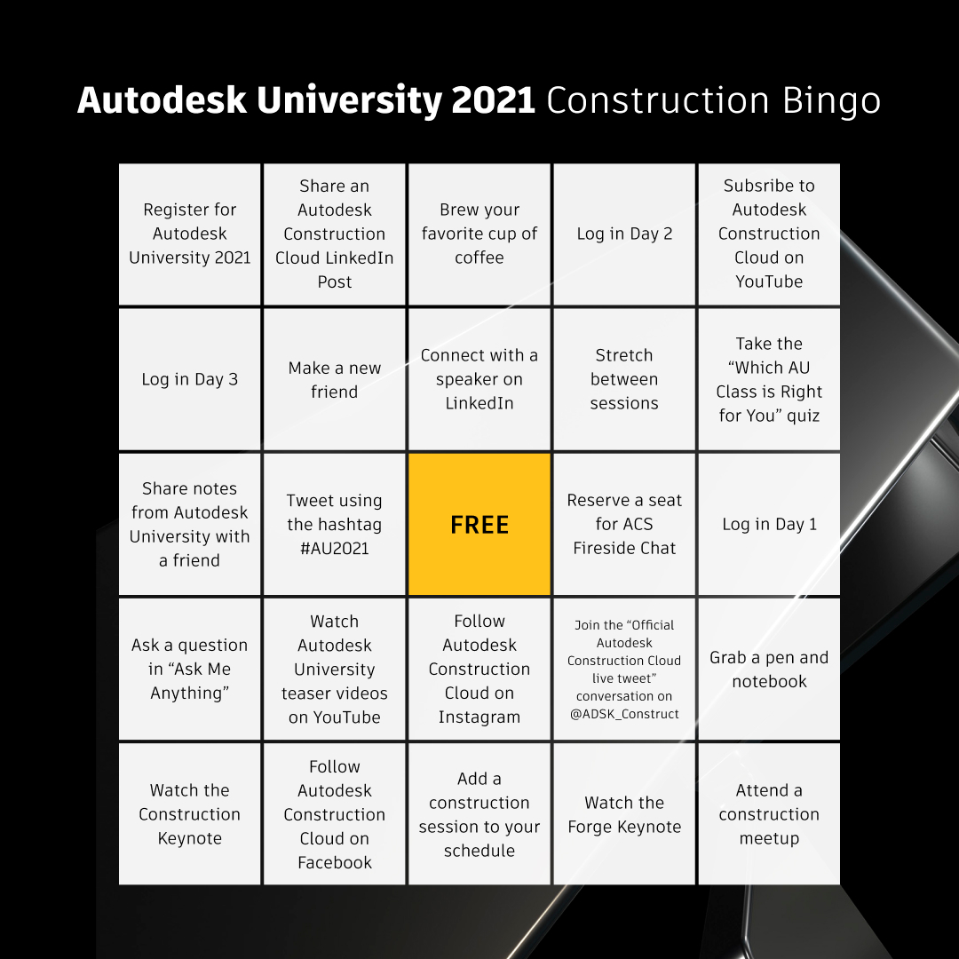 RolloSteve's tweet image. Ready for #AU2021? Use this #bingo board to build your conference schedule to get the most out of this digital experience. Share with a fellow coworker!
#AutodeskConstructionCloud #bingoboard #conference infl.tv/j6Ax
