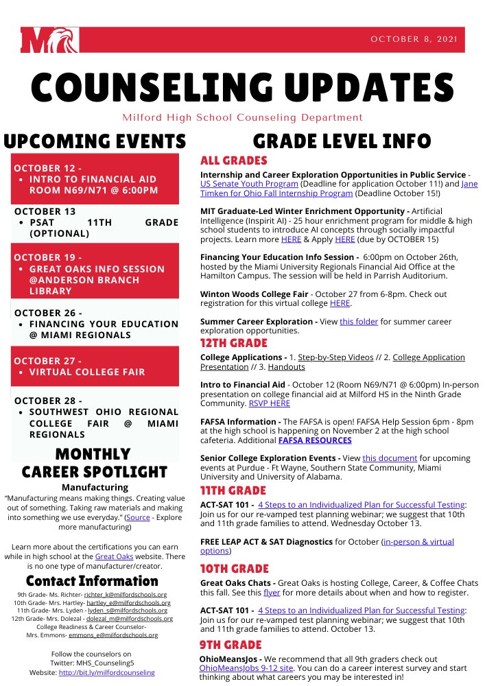 This week's newsletter is ready! Check out the upcoming events. We've also added a Career Exploration Opportunities folder. @MilfordHsEagles 

canva.com/design/DAEoTX7…