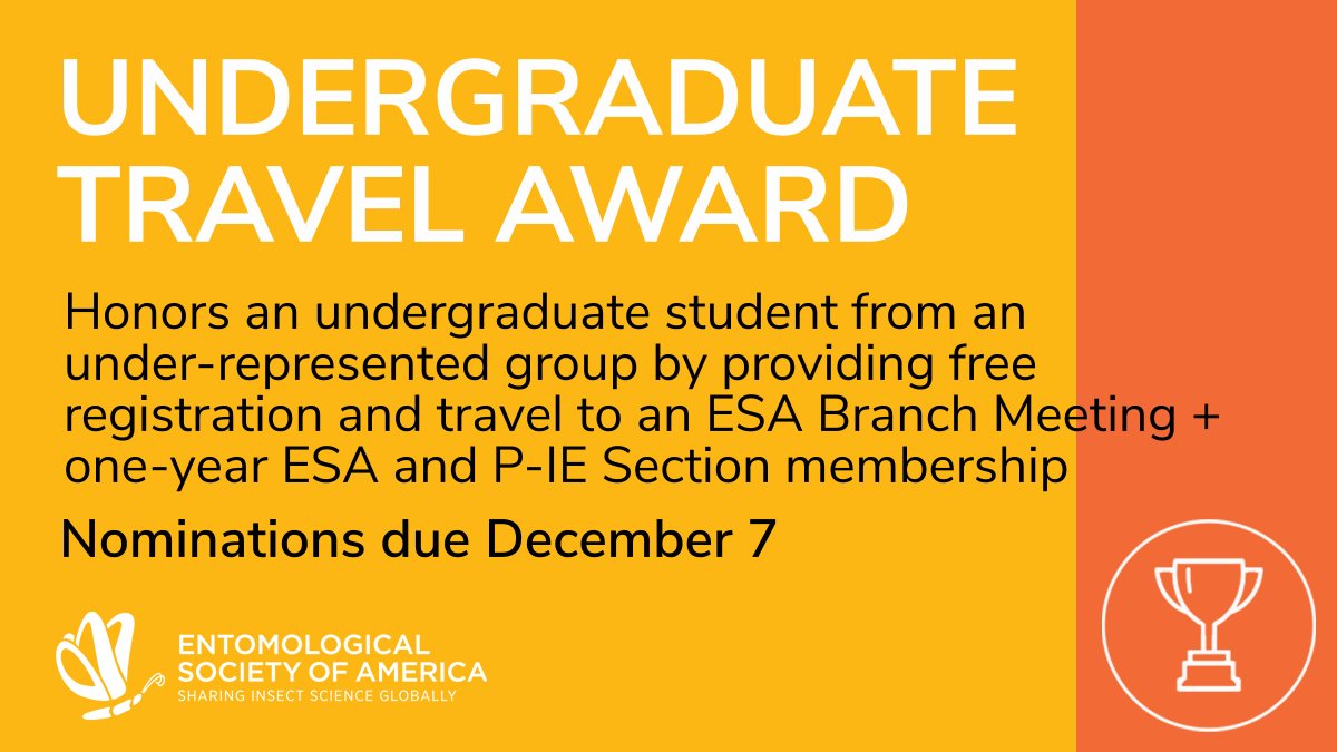 NEW: The <a href="/PIE_Entsoc/">P-IE ESA</a> Undergraduate Student in STEM Travel Award. Honors an undergraduate student from an under-represented group by providing free registration and travel to an ESA Branch Meeting plus one-year ESA and P-IE Section membership. Learn more: entsoc.org/p-ie-undergrad…
