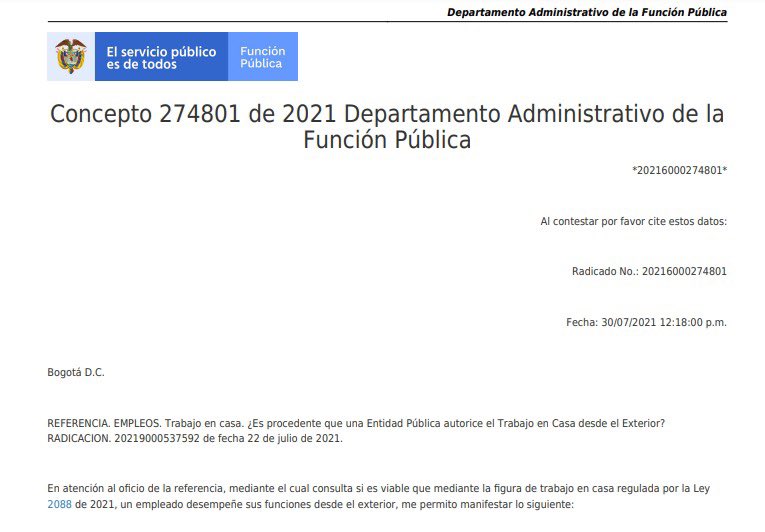 nerioalvis's tweet image. Según concepto jurídico del #DAFP, los servidores públicos no pueden realizar 'trabajo en casa' por fuera del país. Es importante que el servidor se mantenga en el territorio nacional ya que puede ser solicitado por la entidad para prestar sus servicios de manera presencial.