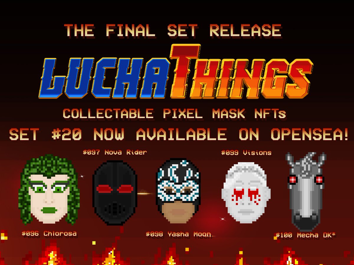 🚨Lucha Things Set 20 now available!

🤯The FINAL Set!

💪100 of 101 minted!

👑Final True Genesis Lucha Things will be auctioned! (First minted)

👊Currently available on OpenSea starting at .03

🎁*#100 reserved for giveaway prize

👀opensea.io/collection/luc…