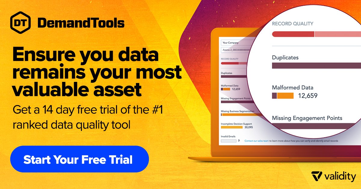 TrustValidity's tweet image. Eager to try #DemandTools: the V Release? You’re in luck! You can get started for FREE by signing up for a 14-day trial. Sign up now to see how DTV can help you better manage your #data, and stay tuned for details on our October 26th launch event! bit.ly/2WSqcnR