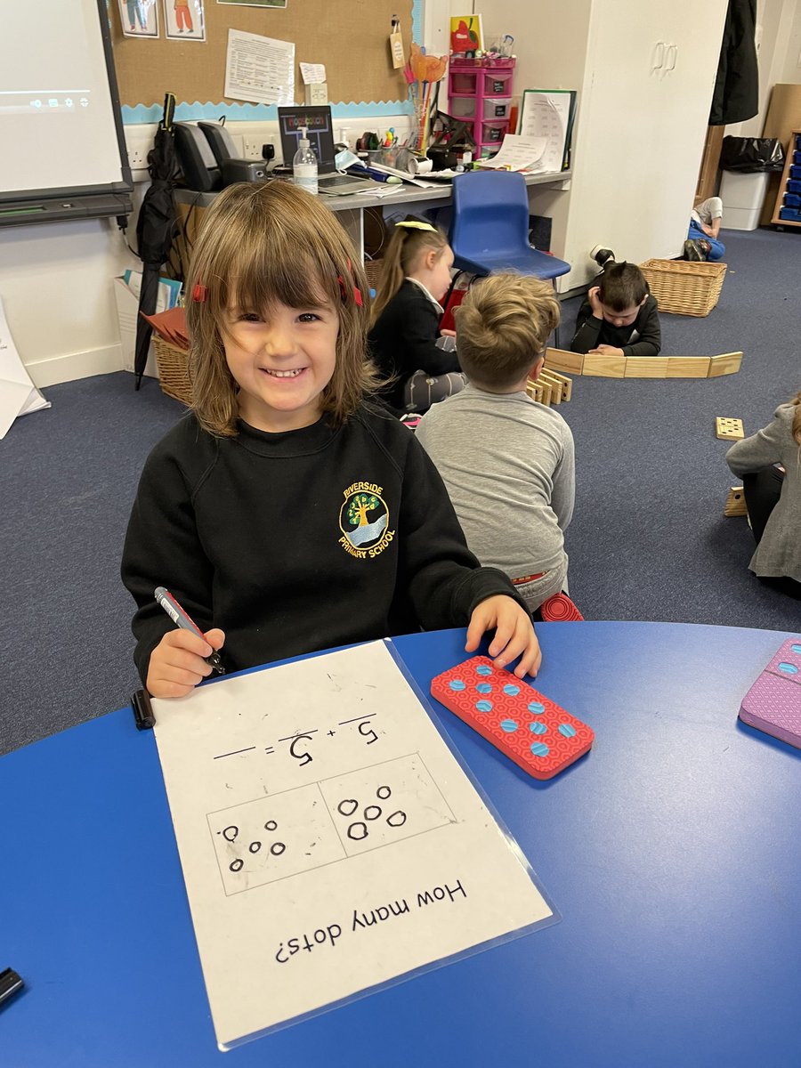 RaeburnMrs's tweet photo. Fantastic number work in Primary 1 this week. Using dominoes to write our own sums and learning to play dominoes. We can recognise the number without counting the dots! @wlriverside_ps @WLnumeracy #remarkableriverside https://t.co/HChj42ecco
