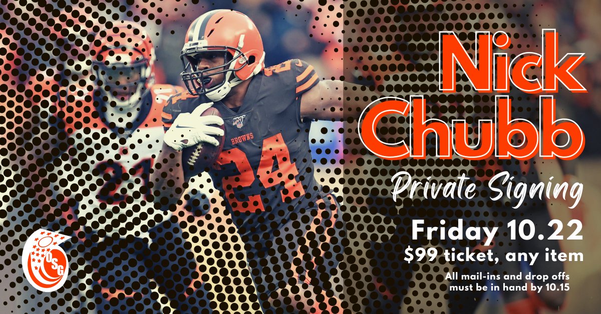 Reminder! We are holding a private signing with Browns running back Nick Chubb on Friday, October 22nd! All mail-in/drop-off items need to be in-hand by next Friday, 10/15. $99 any item plus $40 per inscription

JSA authentication is just $7 more!

Tix: ohiosportsgroup.com/event-tickets/