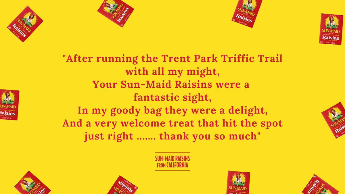 SunMaidUK's tweet photo. Another fantastic ode from Alan @Triffictrail. Thank you for sharing, and well done to everyone who participated.  🥰

Sun-Maid California Raisins really do make a delightful treat! 😉
#SunMaid #triffictrial #californiaraisin https://t.co/AaSpnKbu4P