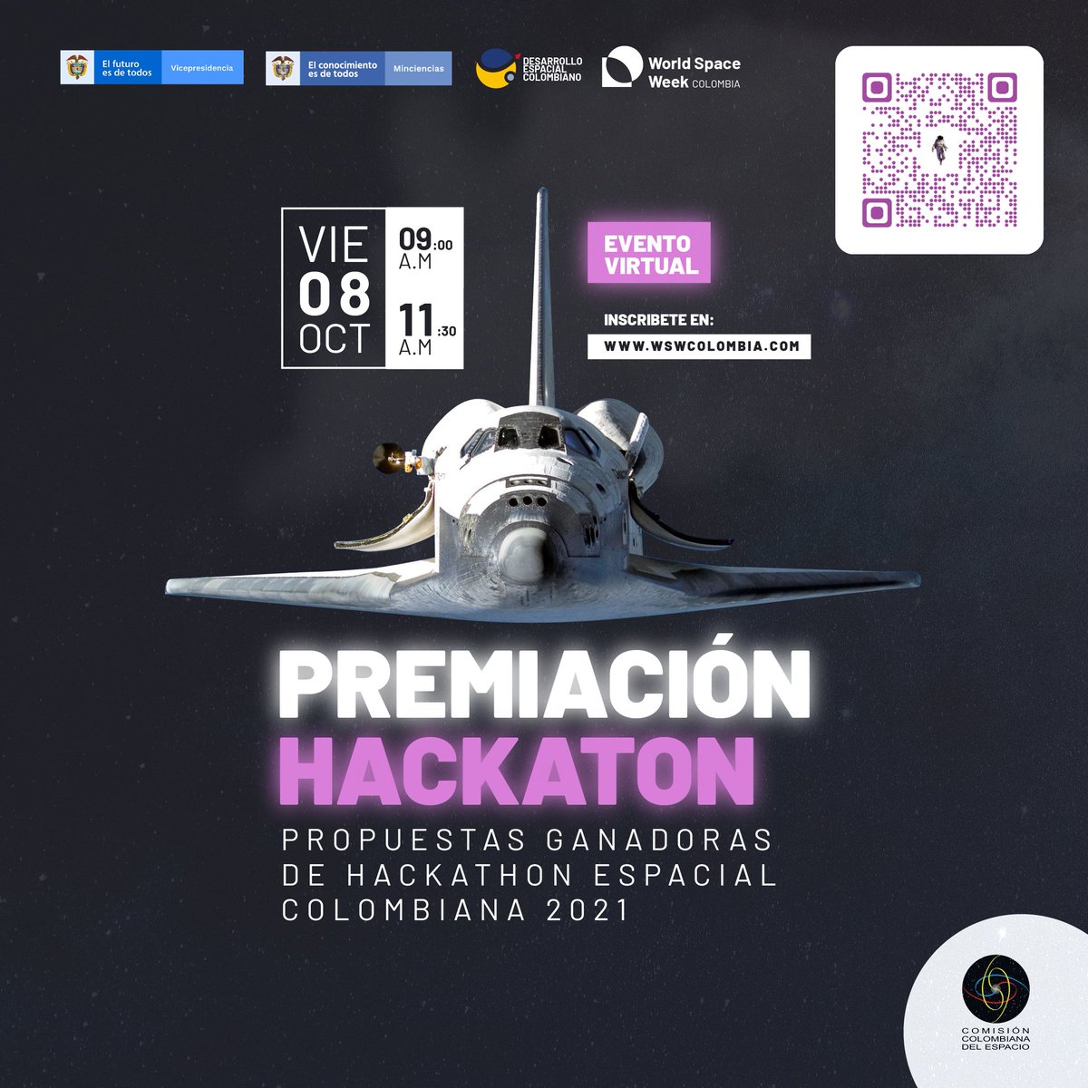 #WSWColombia2021 | CONÉCTATE EN POCOS MINUTOS 🌏 No te pierdas la premiación y presentación de las soluciones ganadoras de la Hackathon Espacial 2021

⌚ Hora: 9:00 a.m. - 11:30 a.m. 
¡Transmisión en vivo! 👉🏼 lnkd.in/gv_u9BUe