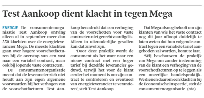SimonNovember's tweet photo. .@Testaankoop registreerde tot gisteren 350 klachten tegen #Mega over verhoogde voorschotfacturen en omzettingen van #vast naar #variabel. Wij dienden klacht in bij de @FODEconomie via @destandaard https://t.co/lreFLF88HM