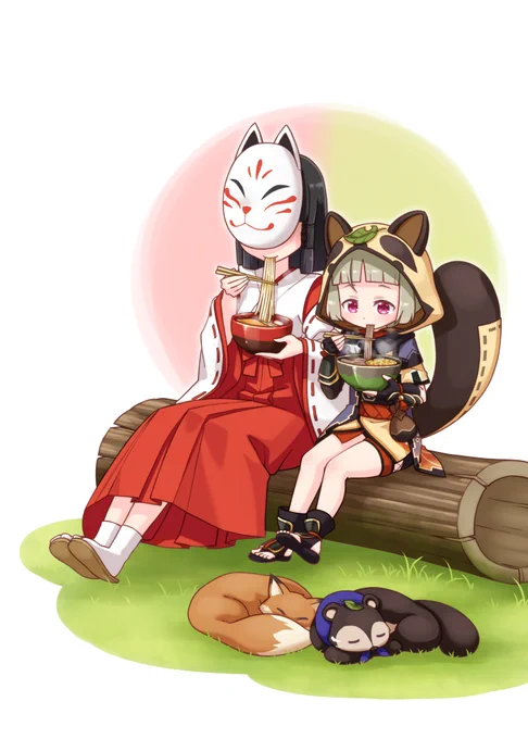おソバを食べる早柚ちゃんとうどんを食べる狐の巫女さんを描きました。 #原神 
