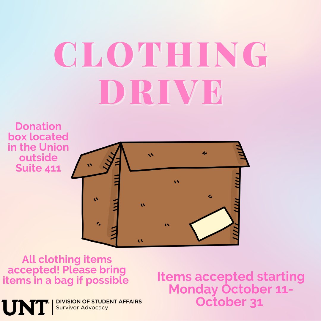UNTsurvivoradv's tweet photo. Do you have any clothes that you no longer wear and would like to donate?

If so, stop by our donation box 📦 located outside Union 411 on the 4th floor starting 10/11!

Clothing will be donated to Heels on the move to Heal. See our Instagram @untsurvivoradvocate for more details https://t.co/5Zf7orjMA8