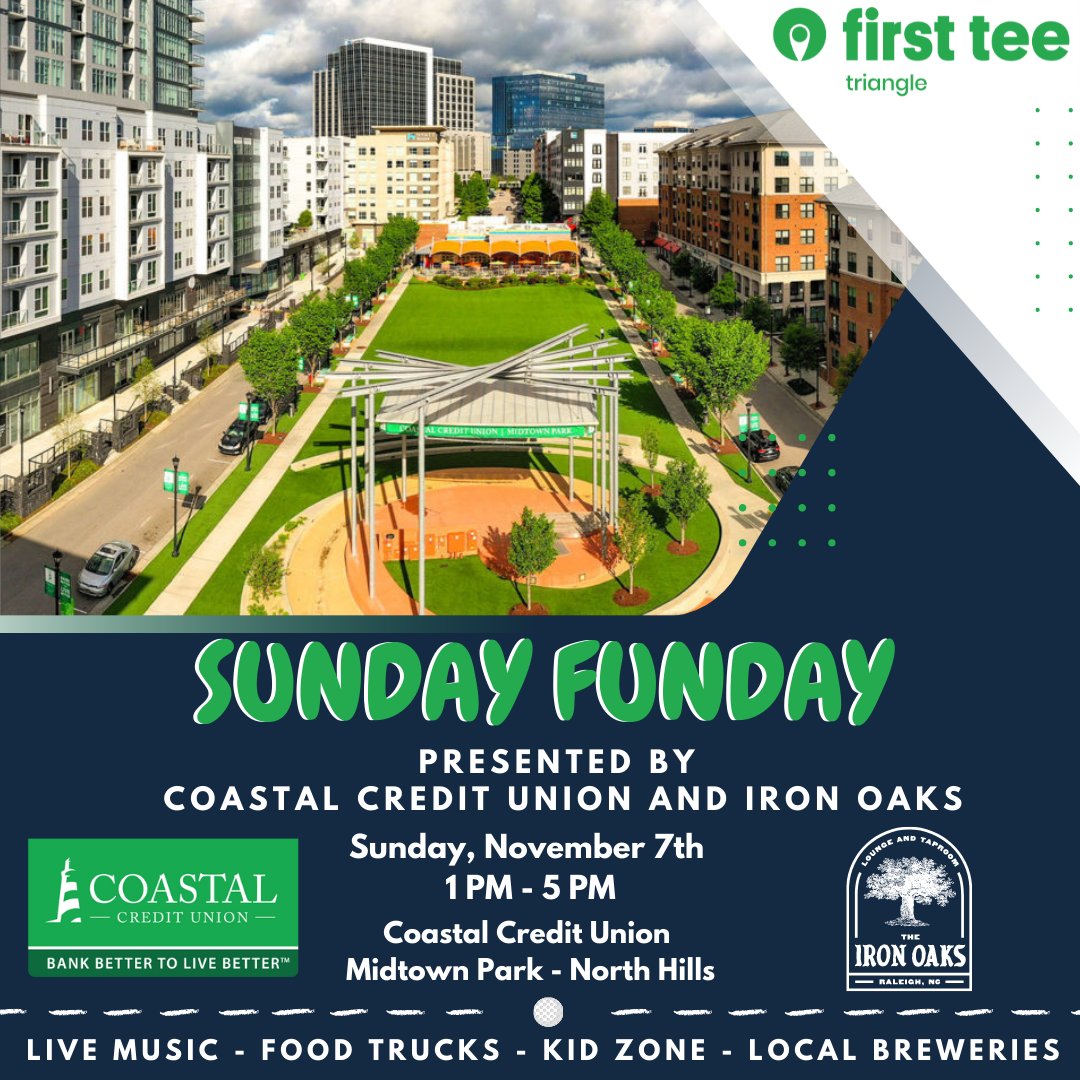 First Tee of the Triangle is thrilled to announce our new signature event: Sunday Funday!

Come on out to Midtown Park in North Hills Nov. 7th from 1 PM to 5 PM, where we'll have: 

🎸 Live Music
🍔 Food Trucks
🎪 Kid Zone
🍺 Local Breweries 

🎟️: firstteetriangle.org/ways-to-give/s…