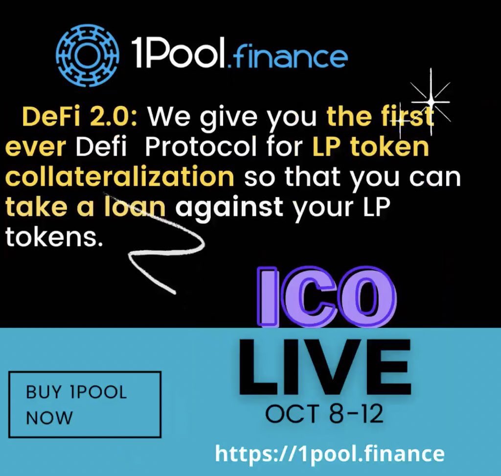 tonydamato888's tweet image. @1PoolOfficial unlocks $ billions of LP token assets for collateralization so you can take a loan!  
First in the #Defi space!  
2ICO: sale.1pool.finance 

Starts Today @ 12 PM UTC 🚀

In addition 1 POOL is launching a 50 $ USD + 10 1 POOL tokens to anyone who retweets this!