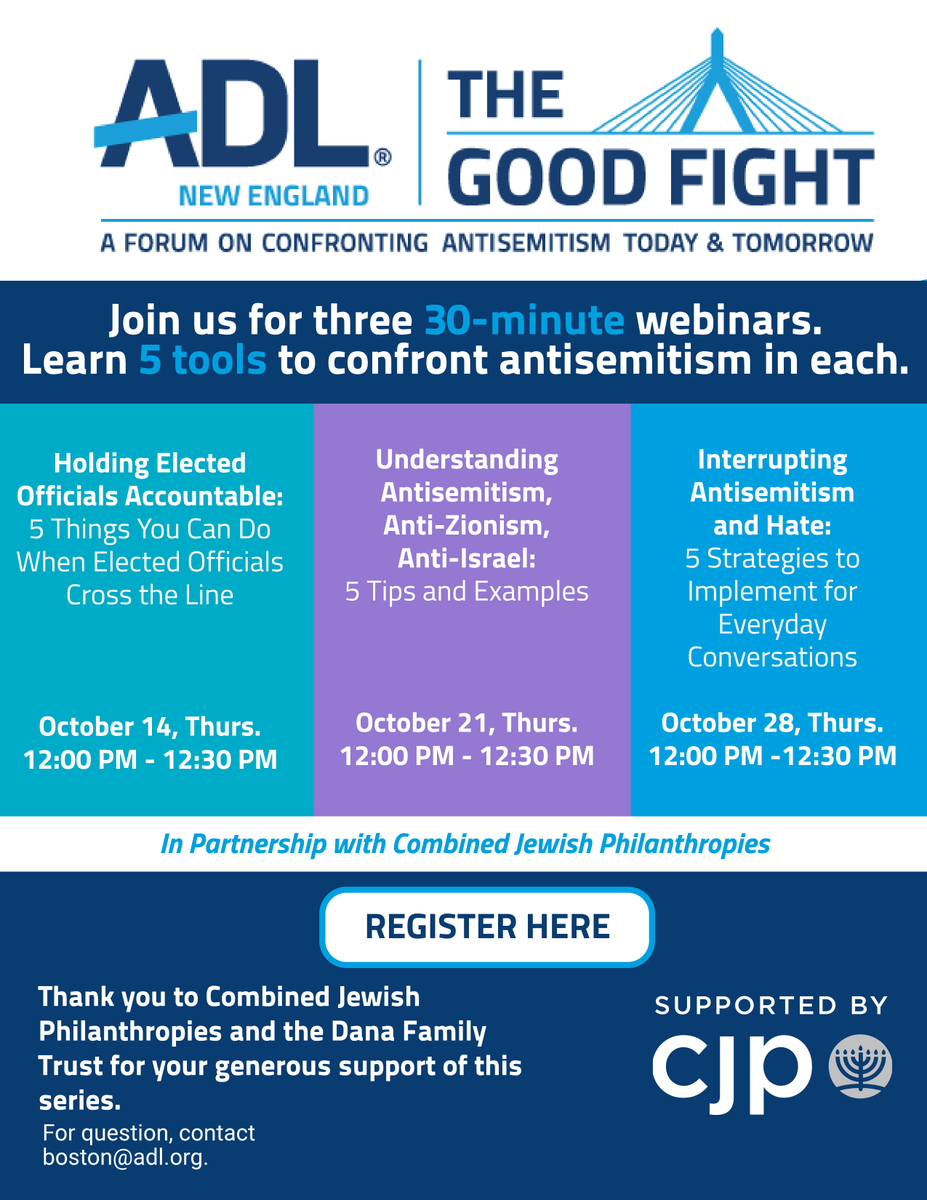 RudermanFdn's tweet photo. We're proud to be a community partner in ADL’s The Good Fight this October. Join our community for three separate 30-minute action-oriented forums on combatting antisemitism. We hope you join us in fighting the good fight. #NoPlaceForHate @ADL_NewEngland

https://t.co/jVwggkOPSr https://t.co/SLrxzVCwMB