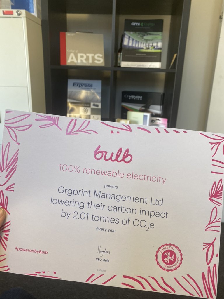 Doing our bit for the #environment with @BulbUK #renewable #electricity .  Lowering our carbon footprint by 2 tons. Every little helps