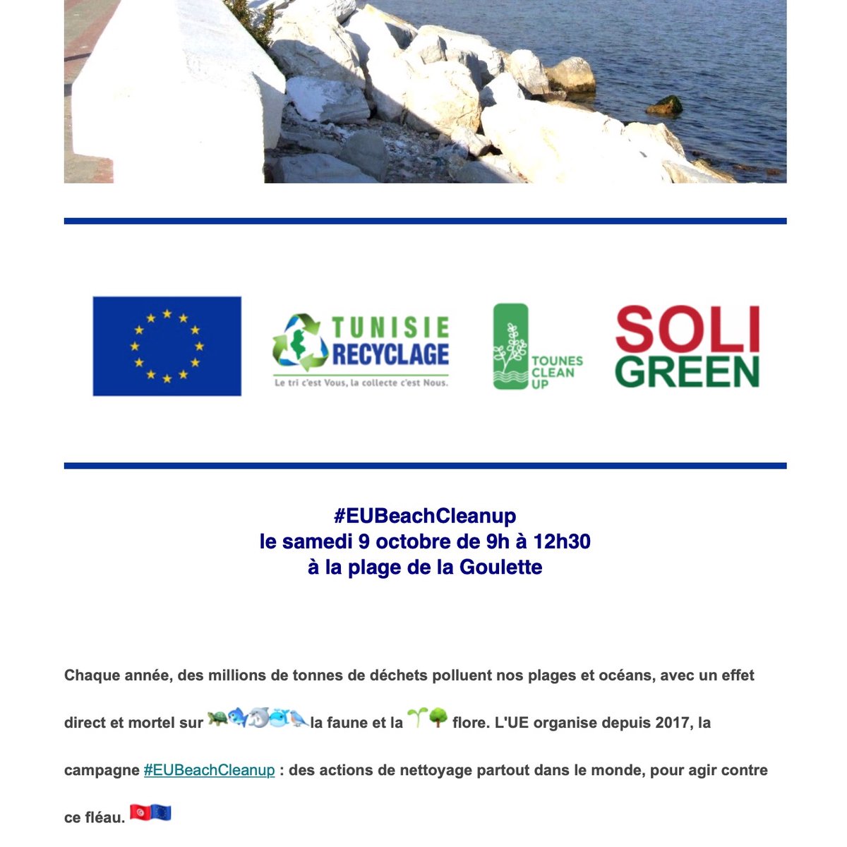 Aisha__Mb's tweet photo. En Tunisie, la Délégation de l'UE organise en partenariat avec Tunisie Recyclage, Tounes Clean-up et Soli &amp; Green l’ #EUBeachCleanup le samedi 9 octobre de 9h à 12h30 à la plage de la Goulette. #EUinTunisia #tunisie_tri_selectif_recyclage
https://t.co/efPGIxeHva https://t.co/b5TVQebpdQ