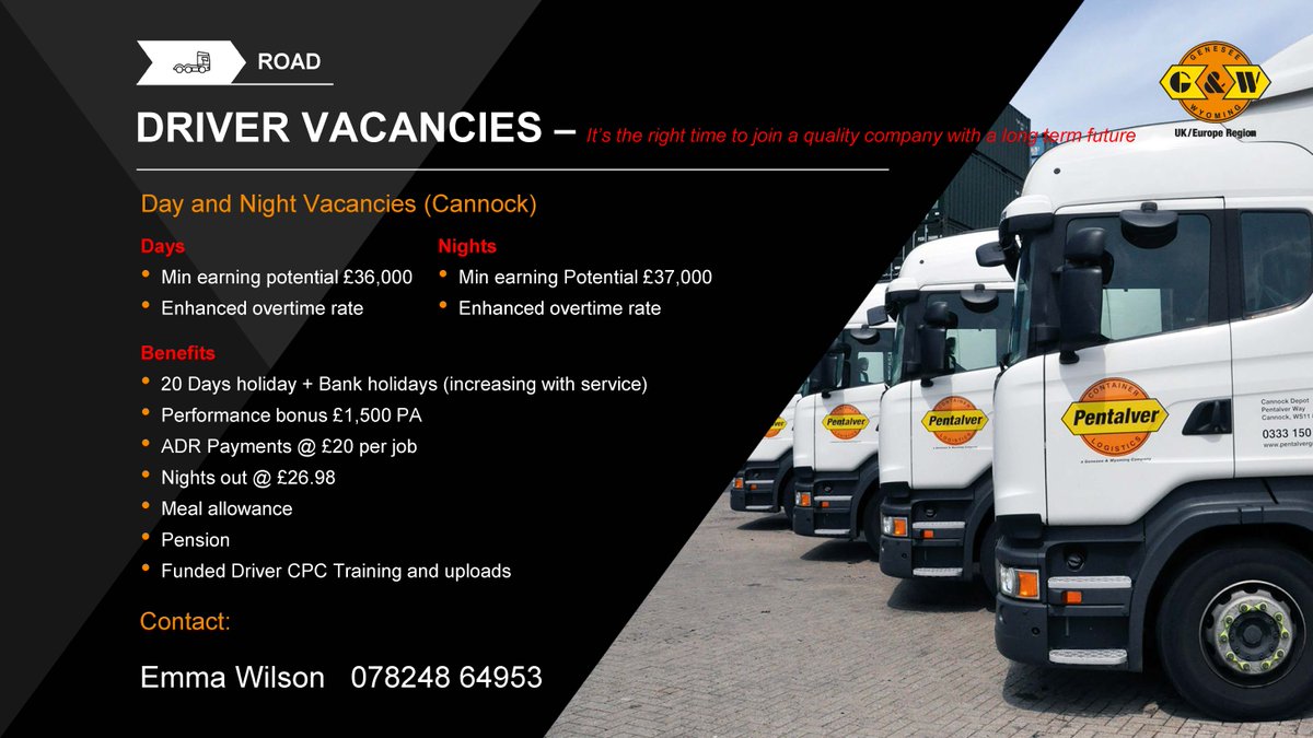 RailFreight's tweet photo. Check out the fantastic opportunities for drivers at our Pentalver Cannock terminal.  
Please get in contact if you are interested in progressing your career in a leading UK logistics company.

#truckdrivers #nowhiring #newjobs #truckdriverroles https://t.co/ZOptSNLsxd