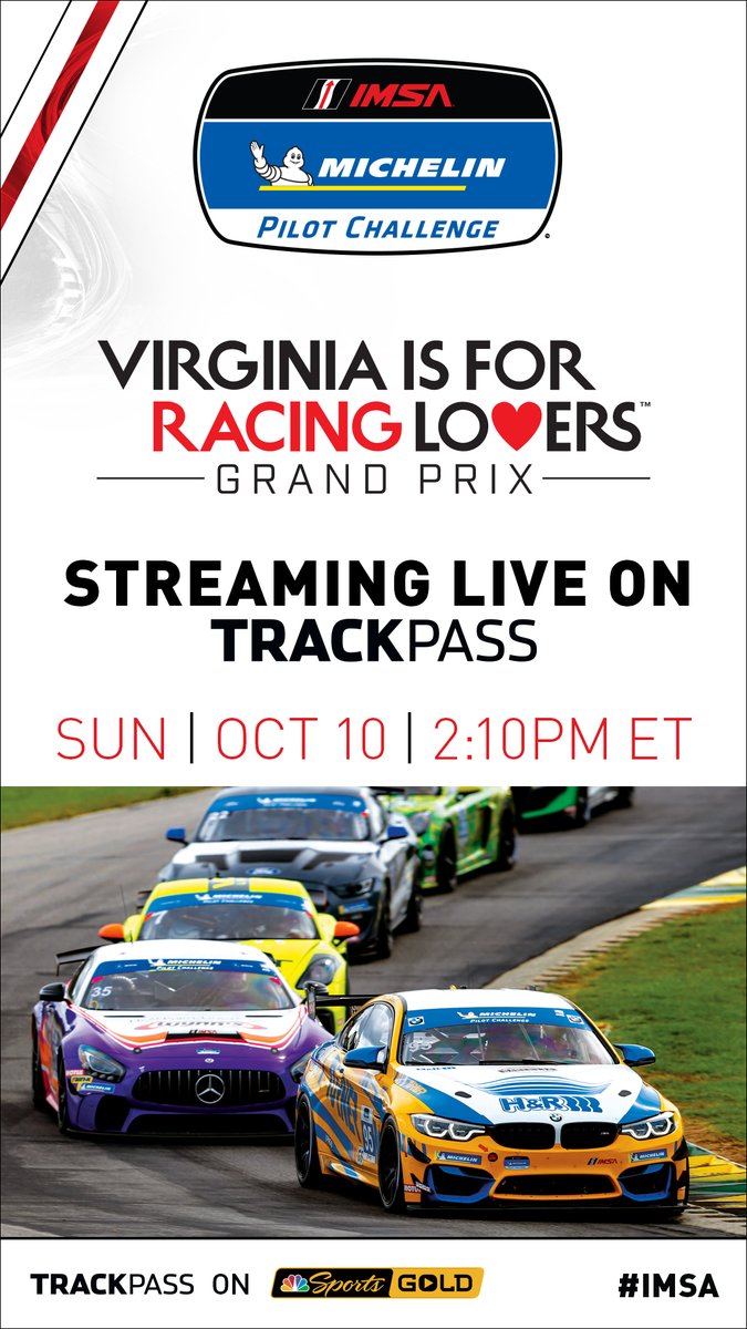 The folks over at @IMSA have an action-packed weekend planned for you at @VIRNow! Tune in to NBC on Saturday for the Michelin GT Challenge at VIR & to TRACKPASS on Sunday for the Virginia Is For Racing Lovers Grand Prix!