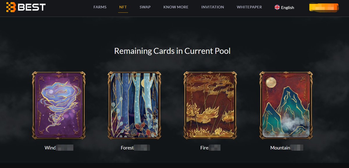 bestokens.network/nft/blind-box

Minting one #NFT card costs 10 $BEST. Half of the BEST will be burned, half will be thrown into the Jackpot Pool.

Wind :     0.005 eth  total: 2100
Forest ：0.015 eth   total: 780
Fire ：     0.1 eth        total: 90
Mountain ：0.5 eth  total: 30