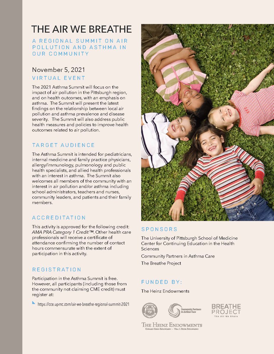 On behalf of the EOH chair:  The Air We Breathe: A Regional Summit on Air Pollution and Asthma in Our Community | UPMC - Center for Continuing Education in the Health Sciences - November 5th, 2021 ow.ly/mcNF50GooS5