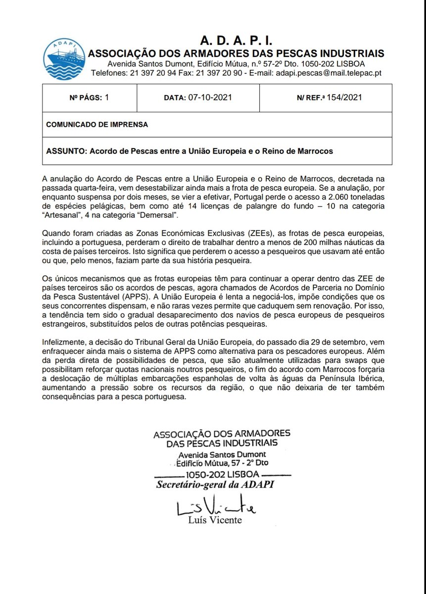 MoroccoInPRT's tweet image. #ADAPI 🇵🇹
Communiqué de l’Association des Pêcheurs Portugais (ADAPI)