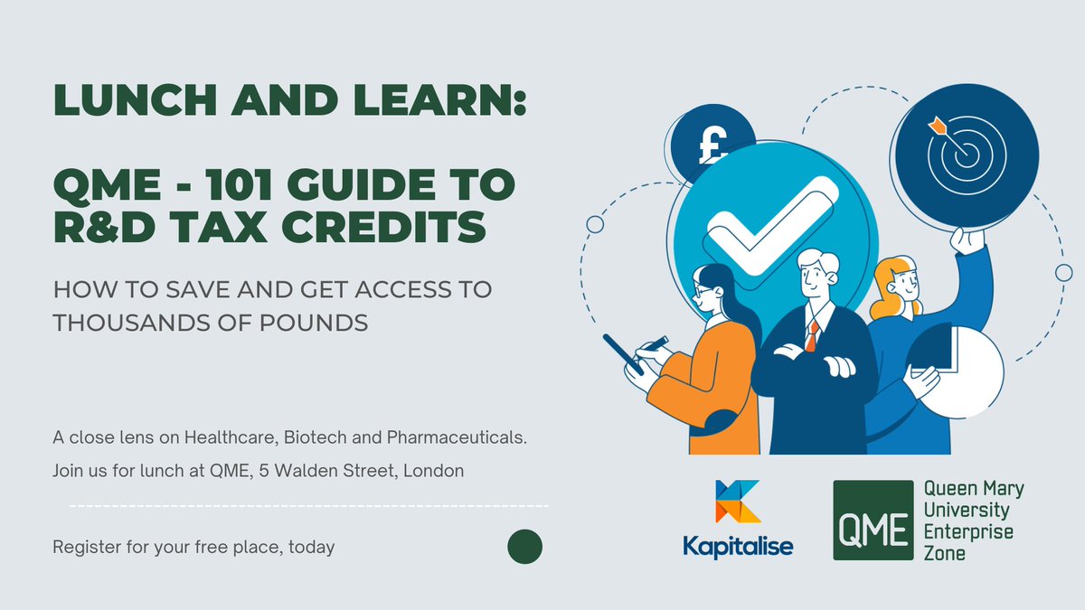 Less than one month to go! 🥳

We’re hosting a ‘Lunch and Learn’ session with <a href="/QMEnterprise/">Queen Mary University Enterprise Zone</a> to explore R&amp;D tax credits. Could your company be missing out on making a claim? 

Secure your place, today! 
kapitalise.co.uk/events

#event #business #london #RnD #tax #lunchandlearn