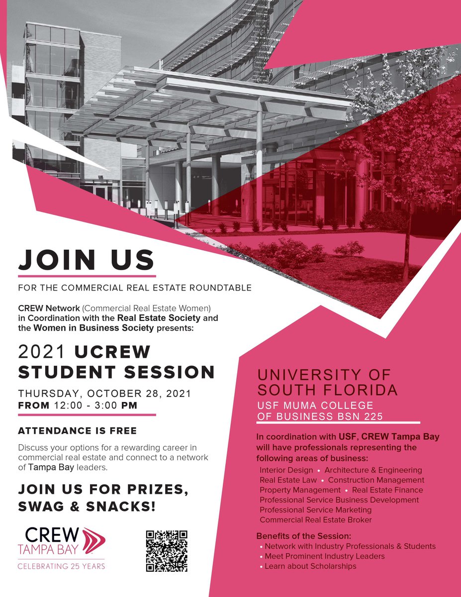 Interested in Commercial Real Estate? The CREW Network is hosting a Commercial Real Estate Roundtable on the Tampa campus, October 28! Attendance is free, register today 
crewtampabay.org/events/special…