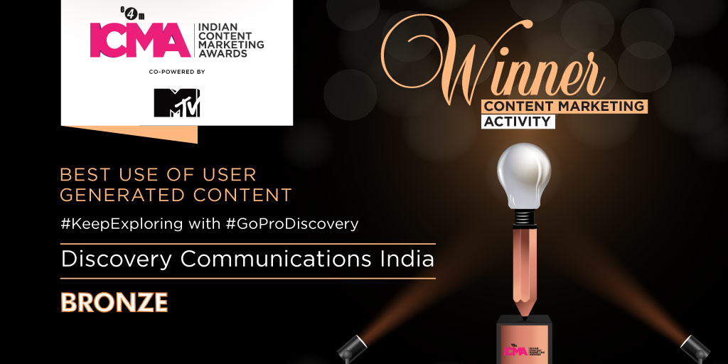 e4mevents's tweet photo. Kudos to Discovery Communications India for winning BRONZE for #KeepExploring with #GoProDiscovery, under the subcategory - Best Use of User Generated Content @DiscoveryIN @MTVIndia #e4mICMA https://t.co/immMsH6C7i