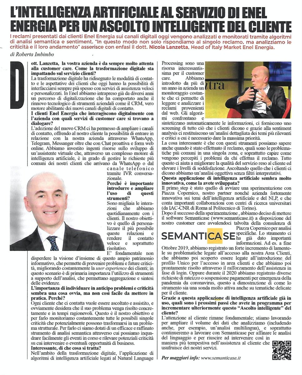 Essere vicini ai clienti è da sempre un obiettivo per noi di <a href="/enelenergia/">Enel Energia</a> e la #digitalizzazione ci ha fornito nuovi strumenti per continuare a perseguirlo, come gli algoritmi di #AI legati al Natural Language. <a href="/panorama_it/">Panorama.it</a>