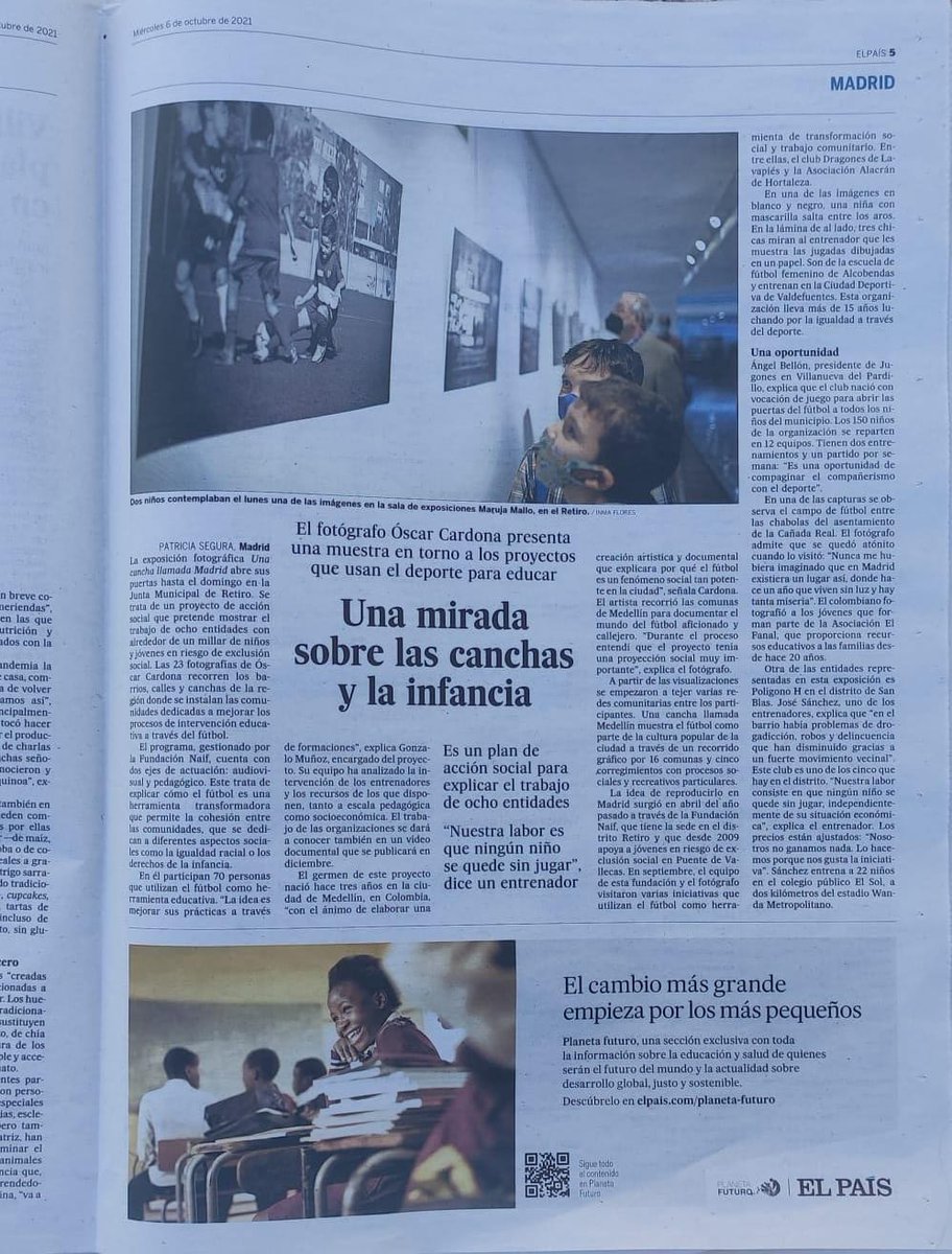 Salimos en la edición de papel de EL PAIS. Dentro del proyecto UNA CANCHA LLAMADA MADRID da visibilidad a mucho trabajo que desde el anonimato es "la sangre" de la sociedad. Cuando el fútbol se convierte en la mejor medicina, merece la pena el esfuerzo. <a href="/FundacionNAIF/">Fundación NAIF</a> <a href="/unacancha/">unacancha</a>