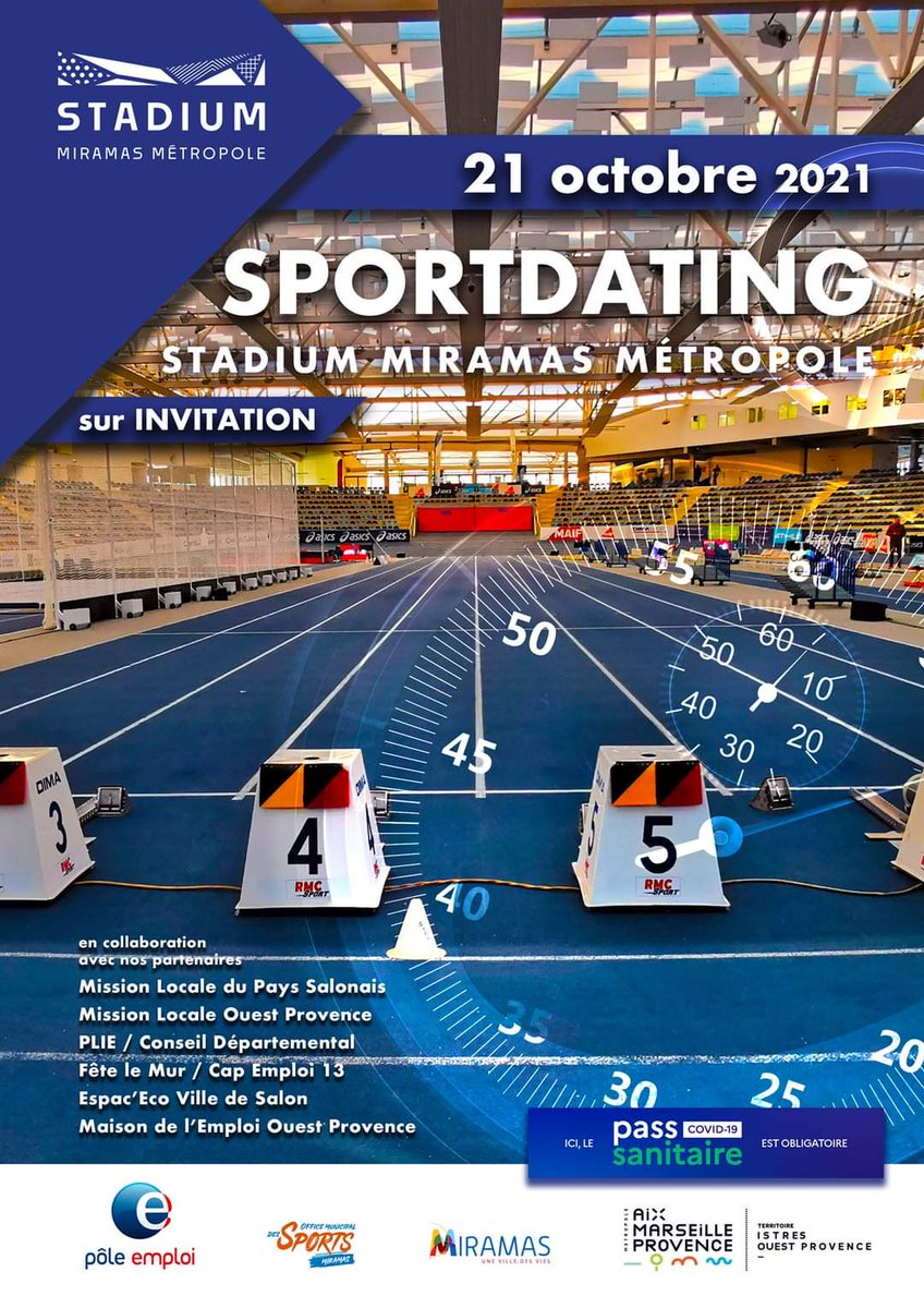 [Évènement] 📆 SPORT DATING 🏀 
Il va y avoir du sport et des recruteurs ! Venez participer à un recrutement en baskets le 21 octobre à Miramas 
👉 Contactez votre conseiller pour vous inscrire.