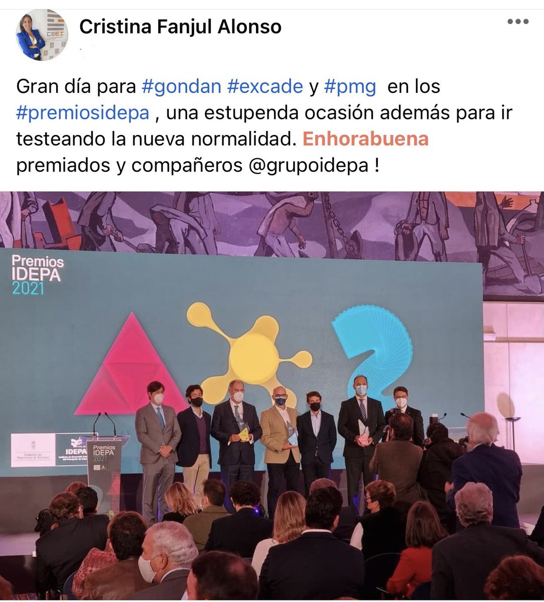 ceeiasturias's tweet photo. Gran día para #Gondan #Excade y #Pmg en los #PremiosIDEPA,  una estupenda ocasión además para ir testeando la nueva normalidad. Enhorabuena premiados y compañeros #GrupoIDEPA!! ☺️ https://t.co/ThXcP1f2l7