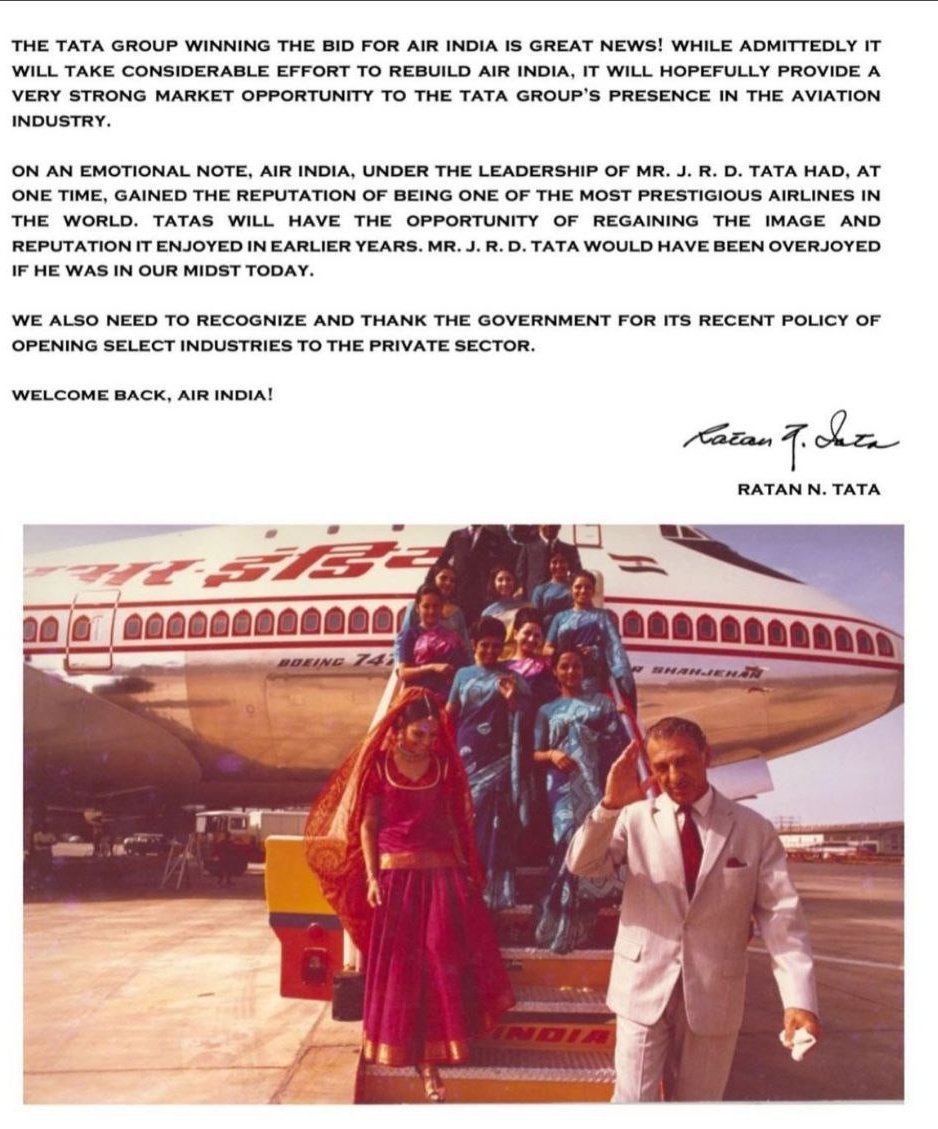 PrashantKarsh's tweet photo. Ratan Tata on Air India coming back to the Tatas.
@RNTata2000 @TataCompanies #TataGroup https://t.co/MVyq6LpLtz