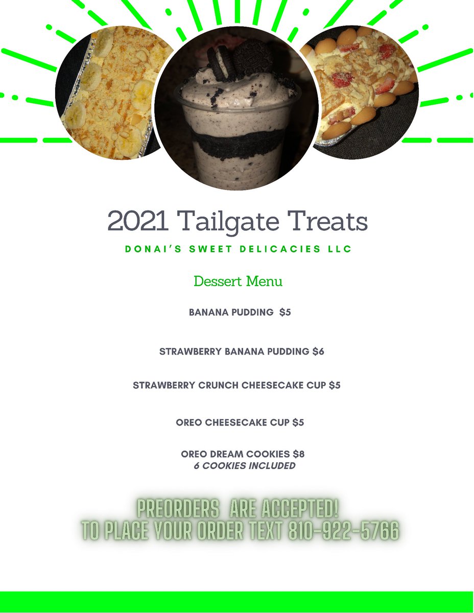 _javodonai's tweet photo. Y’all up??? Okay! Shop Donai’s Sweet Delicacies this weekend at EMU’s Tailgate🗣 The first TWO people that refers 3 of their friends to shop will get a free dessert 😋🤍💚🦅 #teamemu #emu21 #emu22 #emu23 #emu24 #emuhomecoming https://t.co/vh9OUEausP