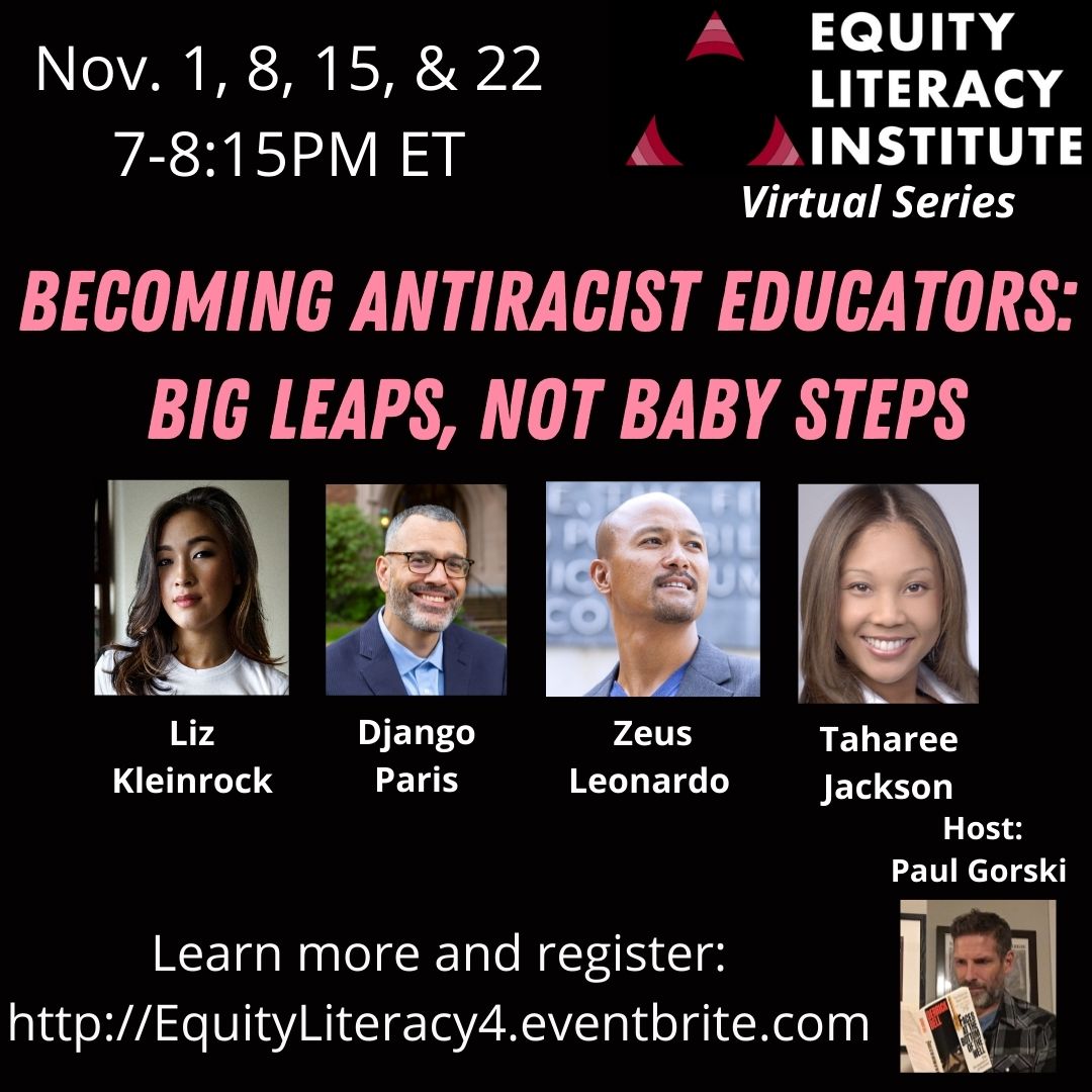 Want to talk about ways to move from fluffy diversity initiatives to antiracism? Only a few weeks left to register. Check out the badass lineup! Sliding scale cost -- pay what you can afford. More at equityliteracy4.eventbrite.com