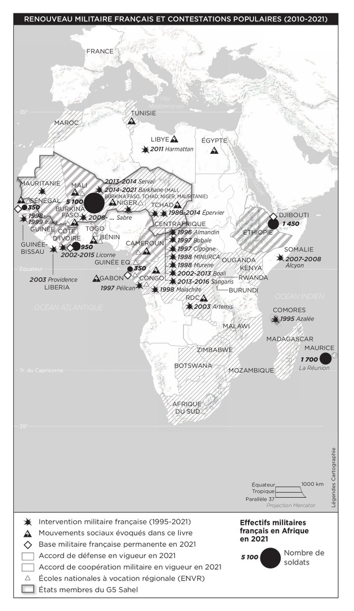Survie's tweet photo. La "refondation des relations franco-africaines", disent l'Élysée &amp; Achille Mbembé ? 🤨
Sauf qu'on sait déjà que la donne ne va pas changer au plan militaire.
⬇️ Cette carte, publiée dans l'ouvrage collectif "L"Empire qui ne veut pas mourir", montre le militarisme 🇫🇷 depuis 1995 https://t.co/OR3tH25UHd