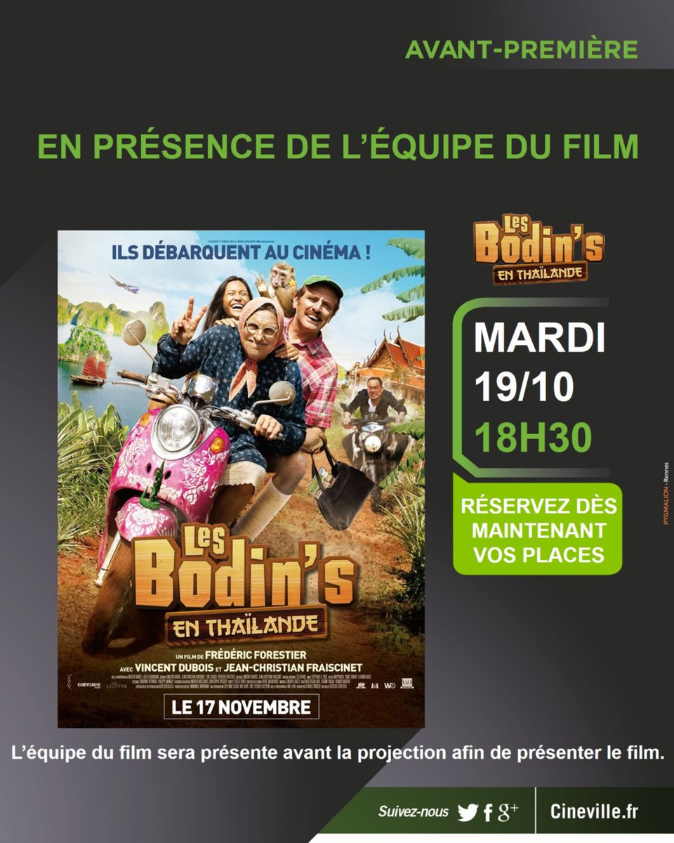 🔴 [Avant-première] Les Bodin's en Thaïlande
⭐️ En présence de l'équipe du film
▶️ Mardi 19 octobre - 18h30
⭕ Réservez vos places : les-ponts-de-ce.cineville.fr