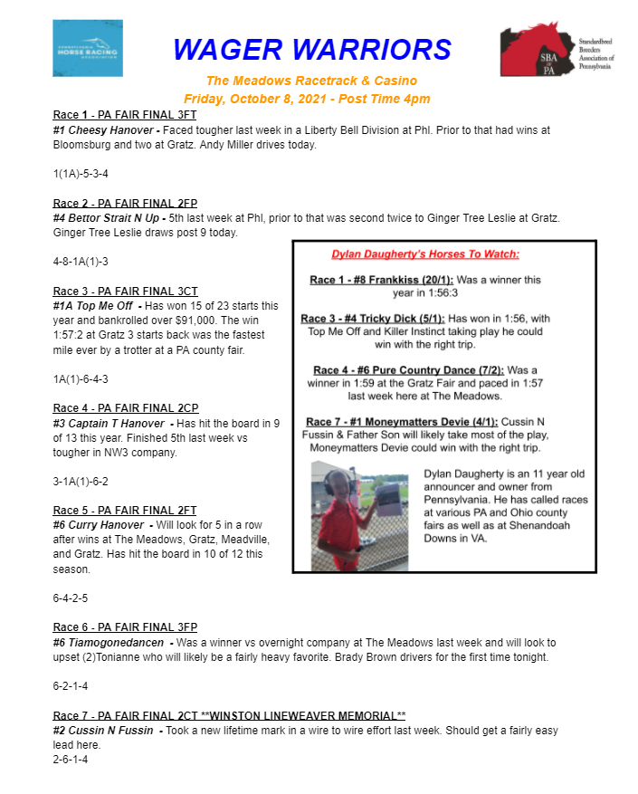 PennHorseRacing's tweet photo. The PA Fair Championships are tonight at The Meadows! @Seth_PARacing and 11 year old PA fair announcer Dylan Daugherty have put together a sheet for tonight's card! 

@TheMSOA has free programs available at https://t.co/QsVXQpoH4y. 

Post time is 4pm! https://t.co/XZg47k39dd