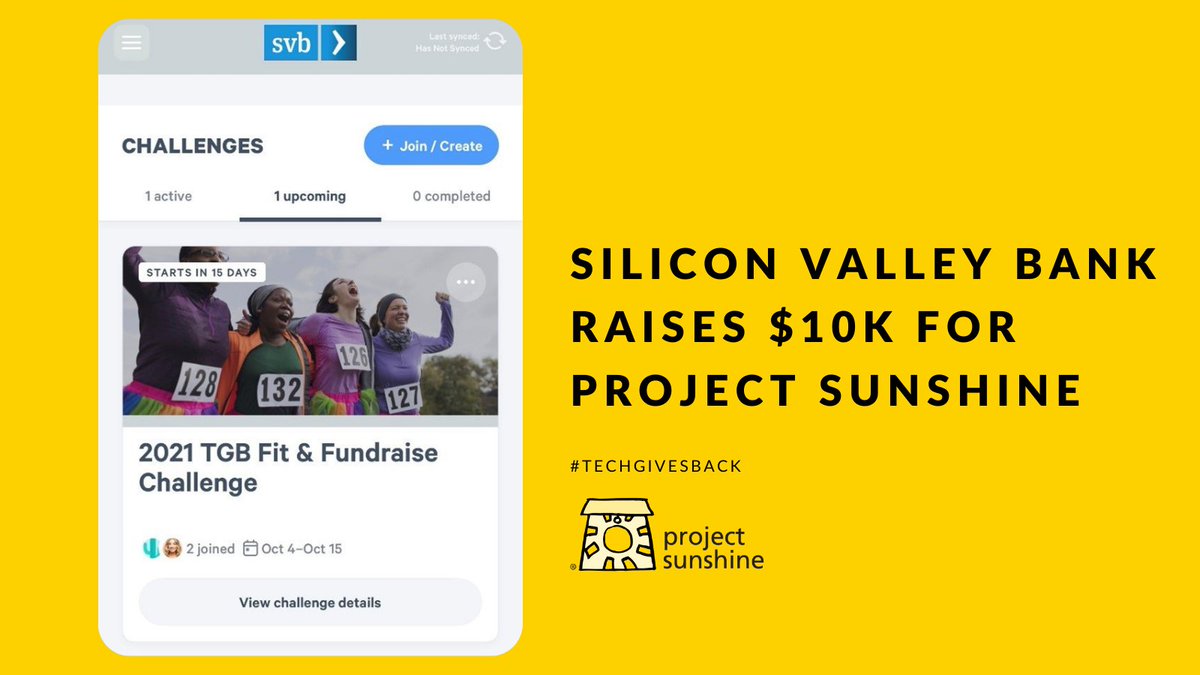 ProjectSunshine's tweet photo. We were thrilled to be a part of Silicon Valley Bank's TGB 2021 Fit &amp; Fundraise Challenge! Their participants already unlocked a $10,000 donation to Project Sunshine. Thank you, @SVB_Financial! #TechGivesBack https://t.co/e9uRklpg58