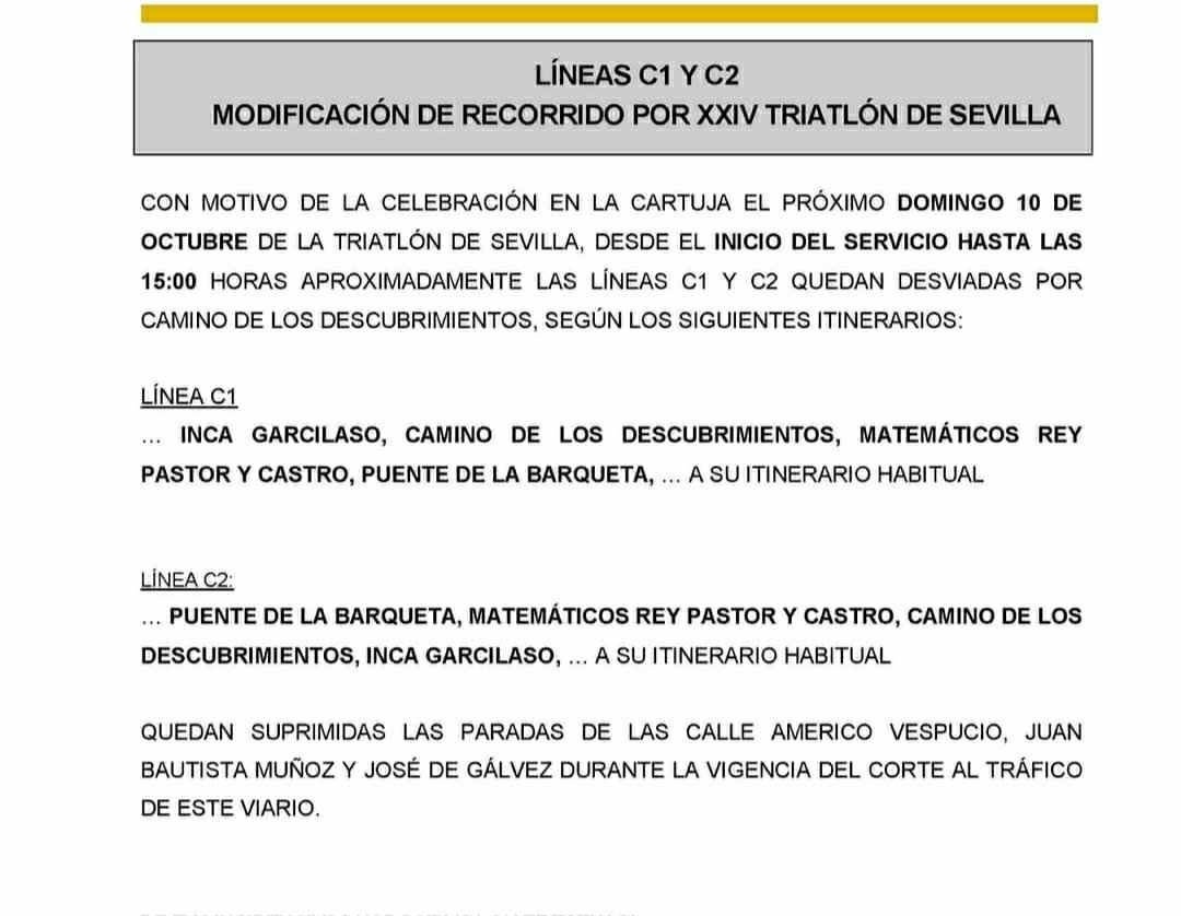 leotebeos's tweet photo. Alteración de líneas 27 y 32 por corte  de tráfico, C1 y C2 por carrera popular y línea 43 por obras.
#Tussam #Sevillasemueve #MuevetePorSevilla #Dejatellevar #cosasquedecir https://t.co/syqZzlVKmv