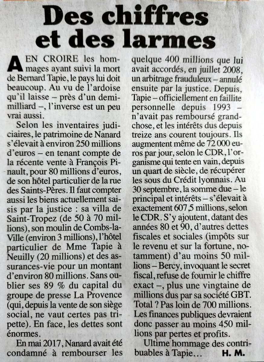 #BernardTapie laisse derrière lui une ardoise de 700 millions d'euros due au fisc Français 

#LeBOSS était surtout le boss des escrocs, ne pas l'oublier lors de son hommage 😓😅
