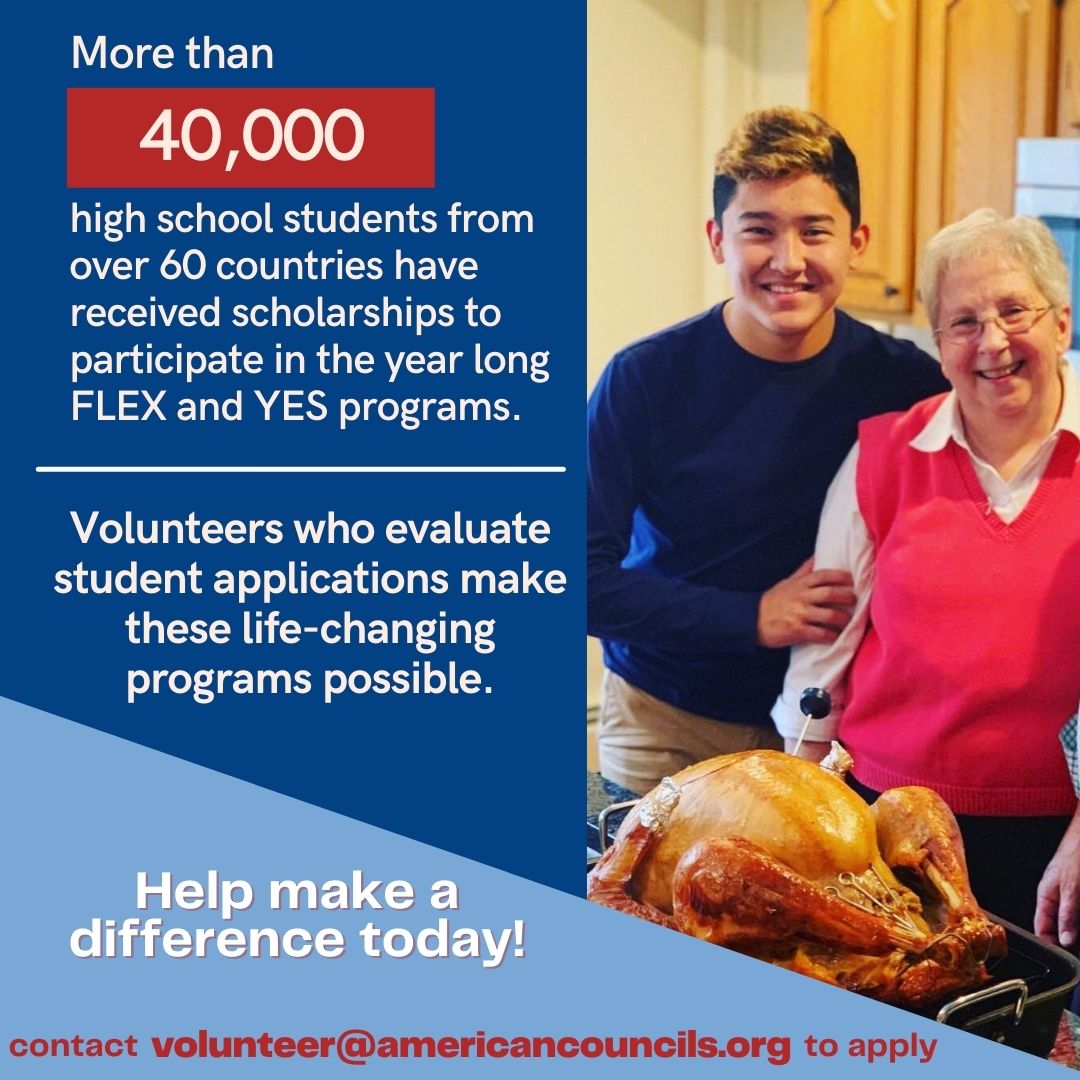 American Councils is seeking volunteers to read youth exchange applications. A training workshop is required, subsequently, hours are flexible. For more information visit: americancouncils.org/get-involved/v…

#Volunteer #ACGlobal #FLEXProgram #KLYES #NSLIY