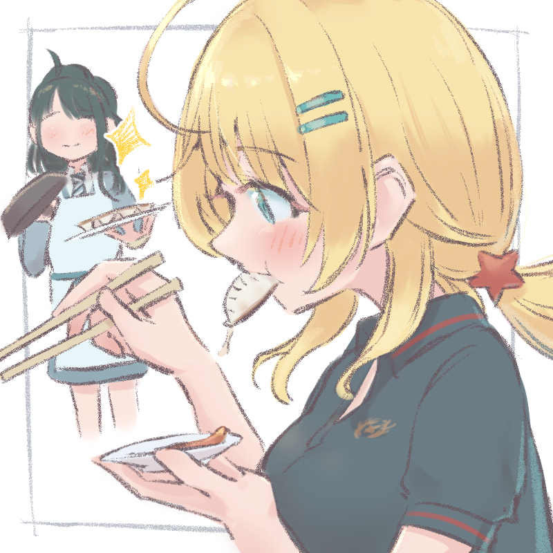 hachimiya meguru multiple girls 2girls blonde hair chopsticks food hair ornament ahoge  illustration images