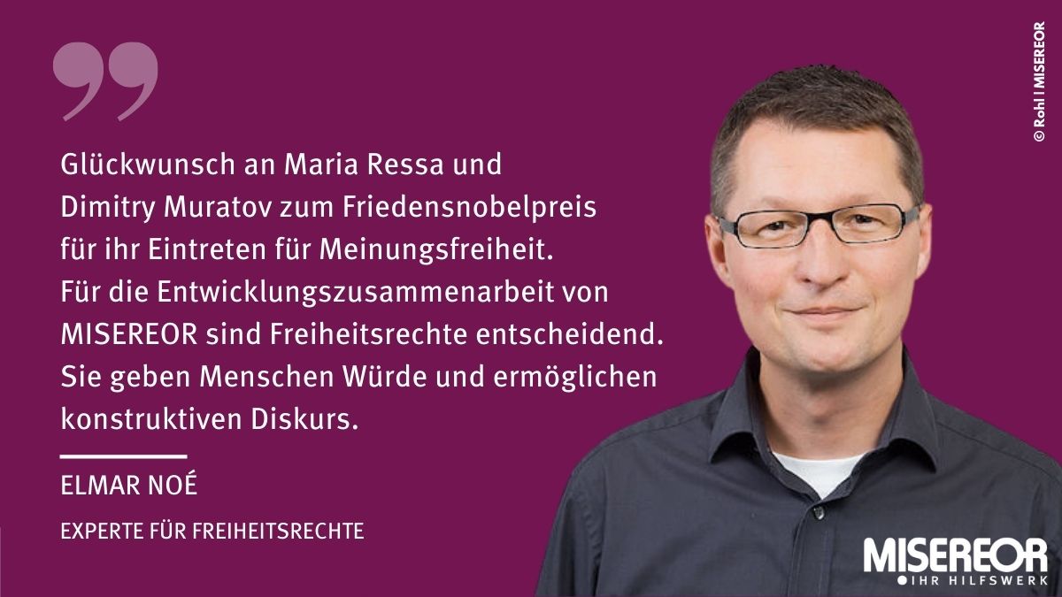 Misereor's tweet photo. "Für die Entwicklungszusammenarbeit von MISEREOR sind Freiheitsrechte entscheidend", sagt Elmar Noé, Experte für Freiheitsrechte zum #Nobelpreis| für #MariaRessa. Was das für die #Philippinen bedeutet erklärt MISEREOR Chef Pirmin Spiegel im Statement➡️https://t.co/K9hJ38Ulvt https://t.co/QDuSQMTSZX