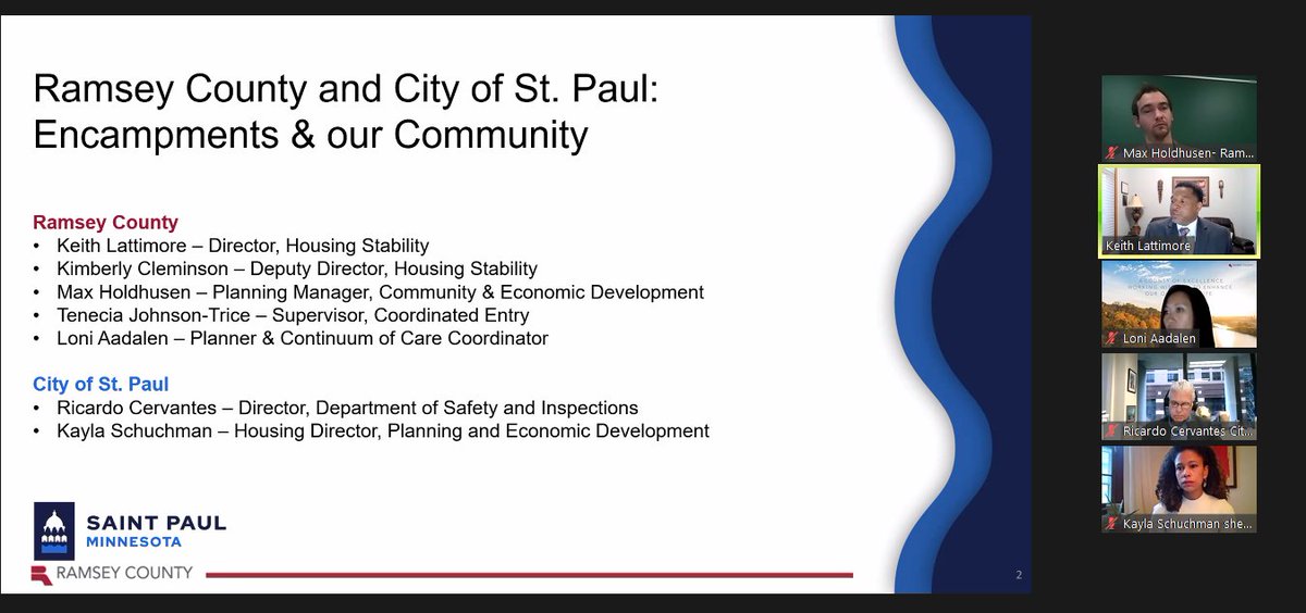 RCLLG's tweet photo. A huge thank you to our guest presenters today from @RamseyCounty and the @cityofsaintpaul. Thank you for helping paint a picture of the homelessness crisis in #RamseyCounty and listening to our members' top concerns. It was great to have you all! #RCLLG https://t.co/EkNHRwfqLo