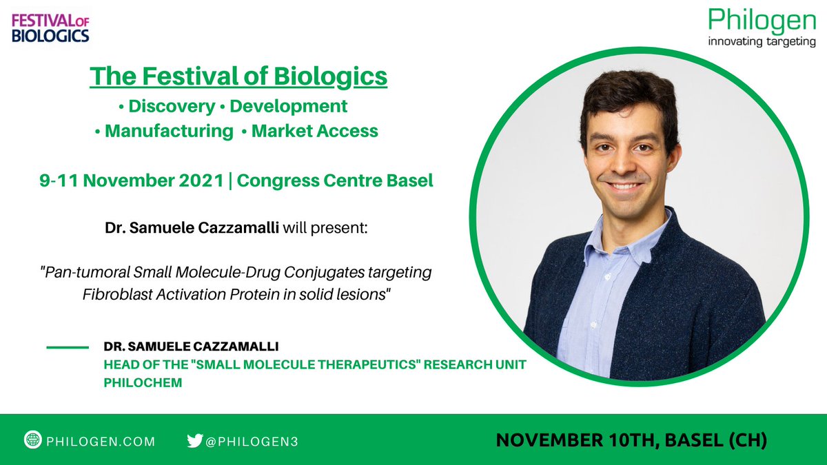 Philogen3's tweet photo. #Philogen announces its (second) attendance at the Festival of Biologics (Basel) on November 10, 2021!
Dr. Samuele Cazzamalli (#Philochem) is giving a lecture.
Join us by booking your ticket here: https://t.co/wJVhRNgyTe
#clinicaltrial #researchers #manufacturing #partnership https://t.co/yw142tF2eE